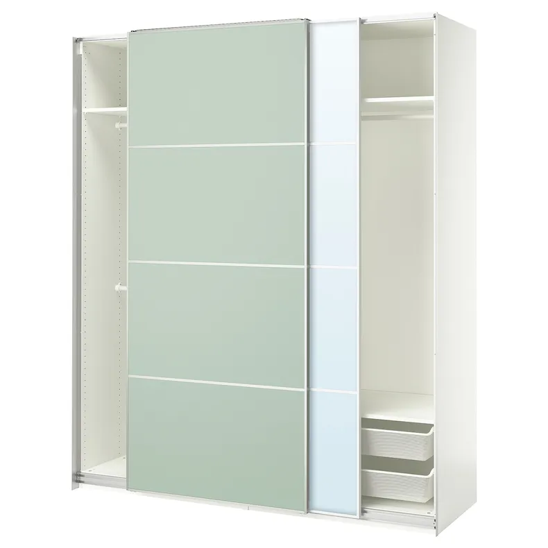 IKEA PAX ПАКС / MEHAMN / AULI МЕХАМН / АУЛІ, гардероб із розсувними дверцятами, біле дзеркало 2шт / салатовий колір, 200x66x236 см 095.517.33 фото №1