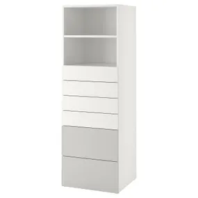 IKEA SMÅSTAD СМОСТАД / PLATSA ПЛАТСА, книжкова шафа, біло-сірий з 6 шухлядами, 60x57x181 см 093.880.73 фото