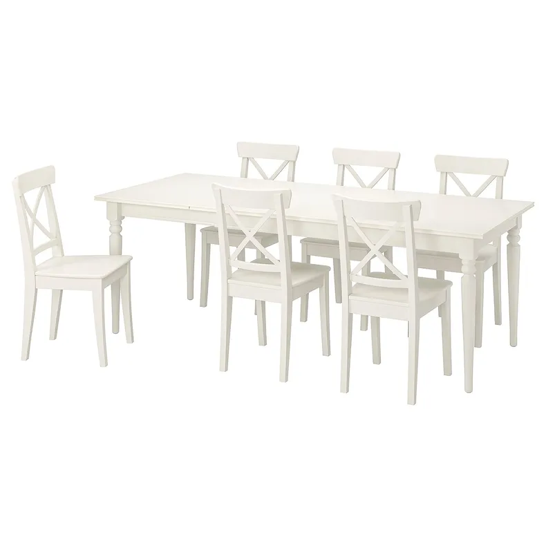 IKEA INGATORP ИНГАТОРП / INGOLF ИНГОЛЬФ, стол и 6 стульев, белый / белый, 155 / 215 см 192.968.84 фото №1