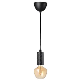 IKEA MARKFROST МАРКФРОСТ / MOLNART МОЛЬНАРТ, підвісний світильник із лампою, чорний мармур / форма дзвону коричневе прозоре скло 994.913.39 фото