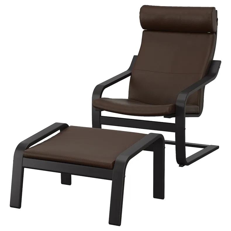 IKEA POÄNG ПОЭНГ, кресло с табуретом для ног, черно-коричневый / Глосе темно-коричневый 595.510.71 фото №1