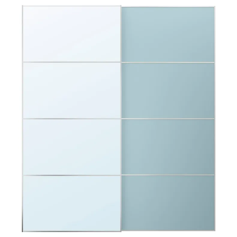 IKEA MEHAMN / AULI МЕХАМН / АУЛІ, розсувні дверцята, 2 шт., алюмінієве дзеркало 2шт / світло-блакитне дзеркало, 200x236 см 895.521.87 фото №1
