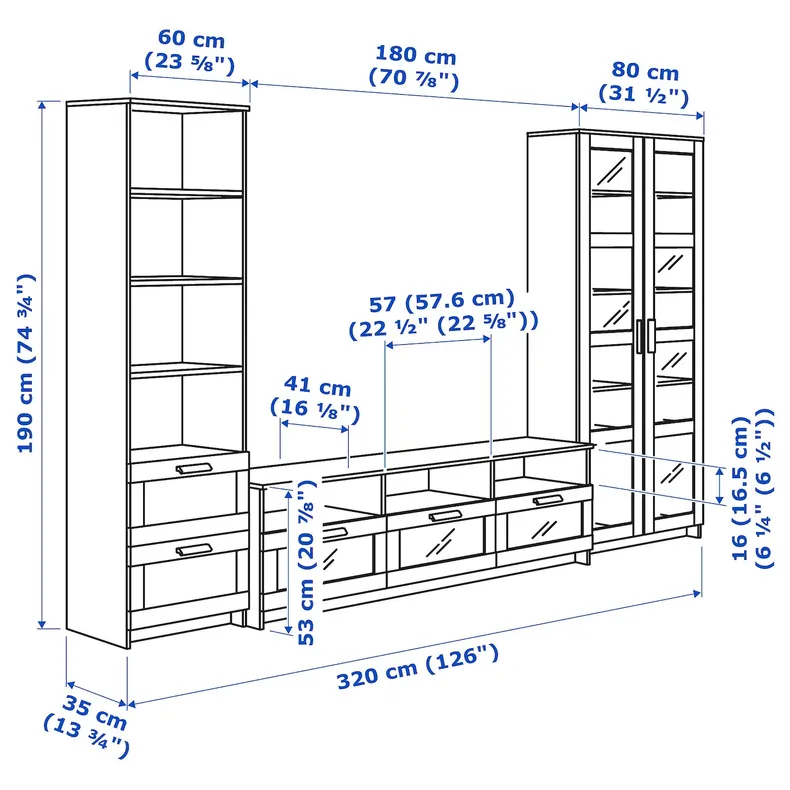 IKEA BRIMNES БРИМНЭС, шкаф для ТВ, комбин / стеклян дверцы, белый, 320x41x190 см 592.782.32 фото №5