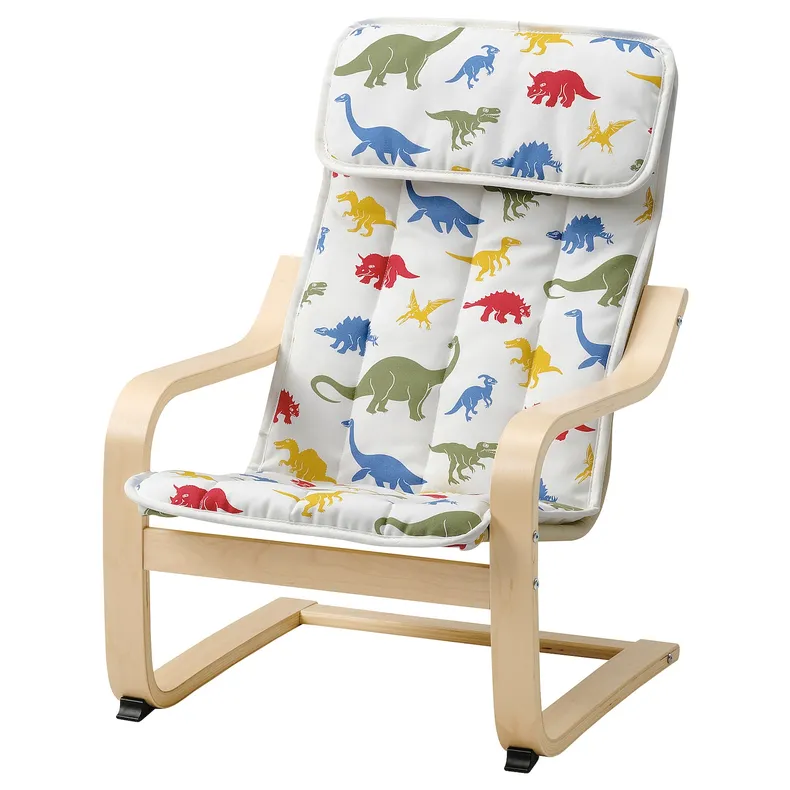 IKEA POÄNG ПОЭНГ, кресло детское, окл береза/медског узор динозавр 894.175.85 фото №1