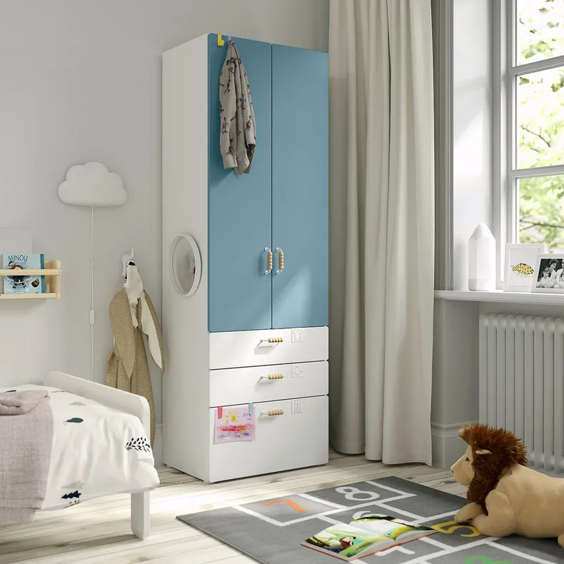 IKEA SMÅSTAD СМОСТАД / PLATSA ПЛАТСА, гардероб, біло-блакитний з 3 шухлядами, 60x42x181 см 095.446.05 фото №2