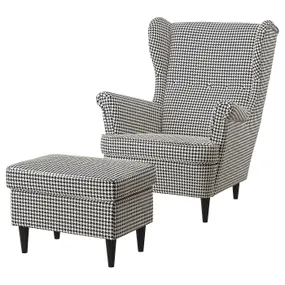 IKEA STRANDMON СТРАНДМОН, кресло с табуретом для ног, Vibberbo черный / бежевый 294.839.03 фото