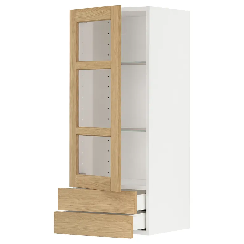 IKEA METOD МЕТОД / MAXIMERA МАКСІМЕРА, навісна шафазі скляними двер / 2 шухл, білий / ФОРСБАККА дуб, 40x100 см 495.093.94 фото №1