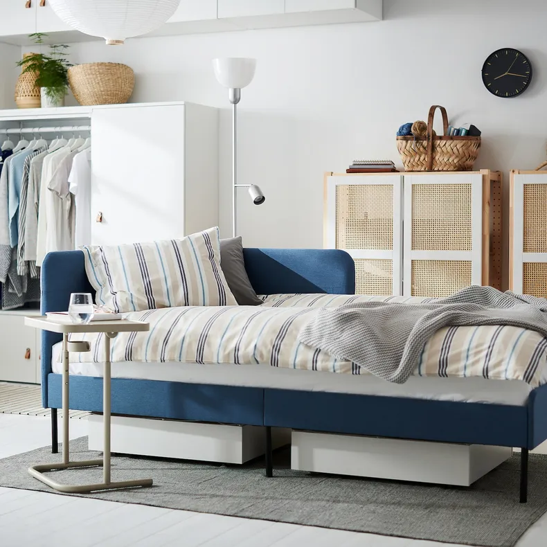 IKEA BLÅKULLEN БЛОКУЛЛЕН, карк ліжка з оббивкою+кут узголів'я, КНІСА класичний синій, 90x200 см 105.057.16 фото №3