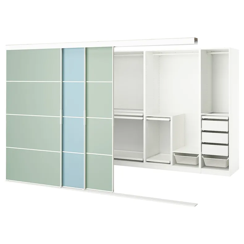IKEA SKYTTA СКЮТТА / PAX ПАКС, гардероб із розсувними дверцятами, білий 2шт/мехемн світло-блакитний/салатовий, 301x160x205 см 295.525.24 фото №1
