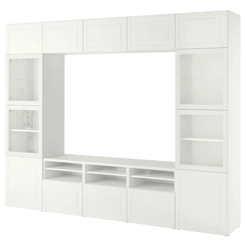 IKEA BESTÅ БЕСТО, комбінація шаф для тв/скляні дверц, біле скло Smeviken/Ostvik біле прозоре скло, 300x42x231 см 294.112.42 фото №1