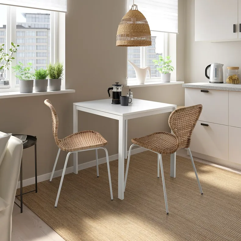 IKEA MELLTORP МЕЛЬТОРП / ÄLVSTA ЕЛЬВСТА, стіл+2 стільці, білий білий / ротанг білий, 75x75 см 194.907.63 фото №2