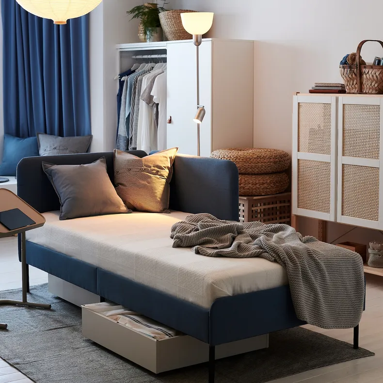 IKEA BLÅKULLEN БЛОКУЛЛЕН, карк ліжка з оббивкою+кут узголів'я, КНІСА класичний синій, 90x200 см 105.057.16 фото №4