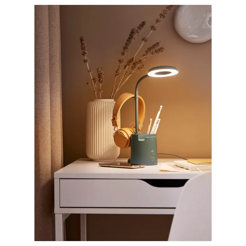IKEA BRUNBÅGE БРУНБОГЕ, рабочая лампа, светодиодная, с контейнером может быть затемненным / бирюзовым 605.421.70 фото №3