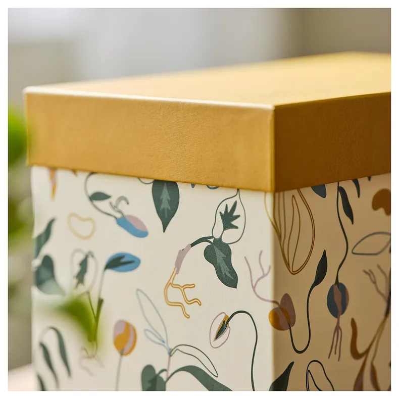 IKEA DAKSJUS ДАКСЬЮС, коробка с крышкой, 2 шт., Мелкий цветочный узор в бело-желто-коричневой гамме 405.670.48 фото №3