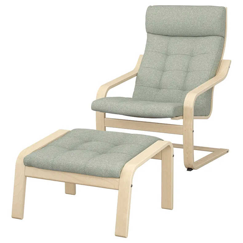 IKEA POÄNG ПОЭНГ, кресло с табуретом для ног, окл береза / светло-зеленый 195.019.26 фото №1