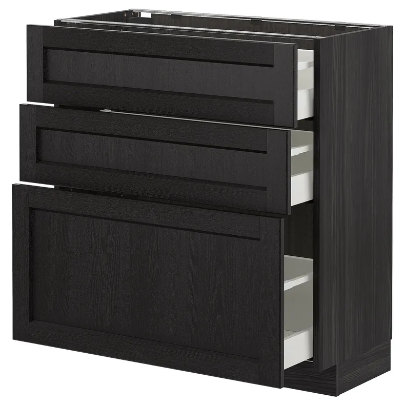 IKEA METOD МЕТОД / MAXIMERA МАКСИМЕРА, напольный шкаф с 3 ящиками, черный / Лерхиттан с черными пятнами, 80x37 см 392.600.49 фото №1