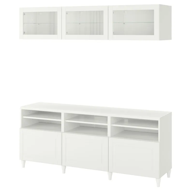 IKEA BESTÅ БЕСТО, комбінація шаф для тв / скляні дверц, біле / Смевікен / Каббарп біле прозоре скло, 180x42x192 см 794.086.85 фото №1