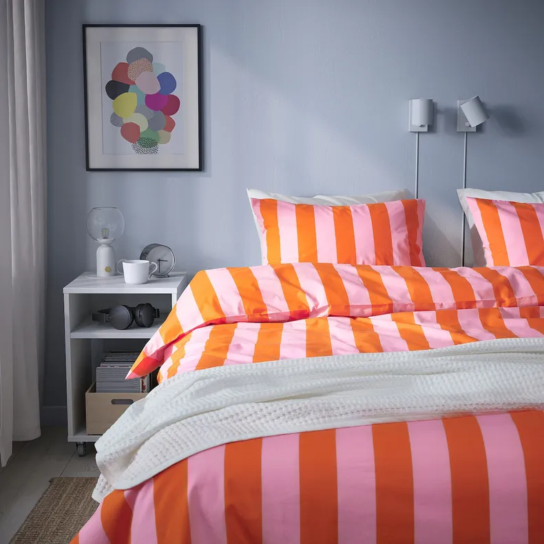 IKEA SLÅNHÖSTMAL СЛОНХЁСТМАЛ, пододеяльник и 2 наволочки, оранжевый / розовый / полосатый, 200x200 / 50x60 см 305.752.75 фото №3