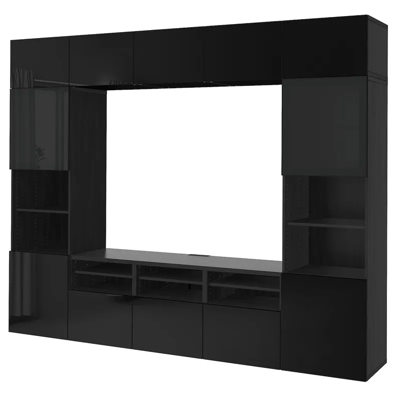 IKEA BESTÅ БЕСТО, комбінація шаф для тв / скляні дверц, чорна бронза / глянцевий сельвікен / чорне димчасте скло, 300x42x231 см 794.110.32 фото №1