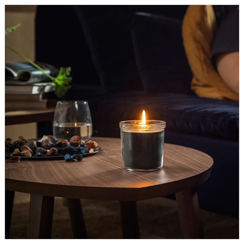 IKEA FRUKTSKOG ФРУКТСКОГ, ароматическая свеча в стакане, Ветивер и герань / черная бирюза, 40 часов. 905.558.30 фото №2
