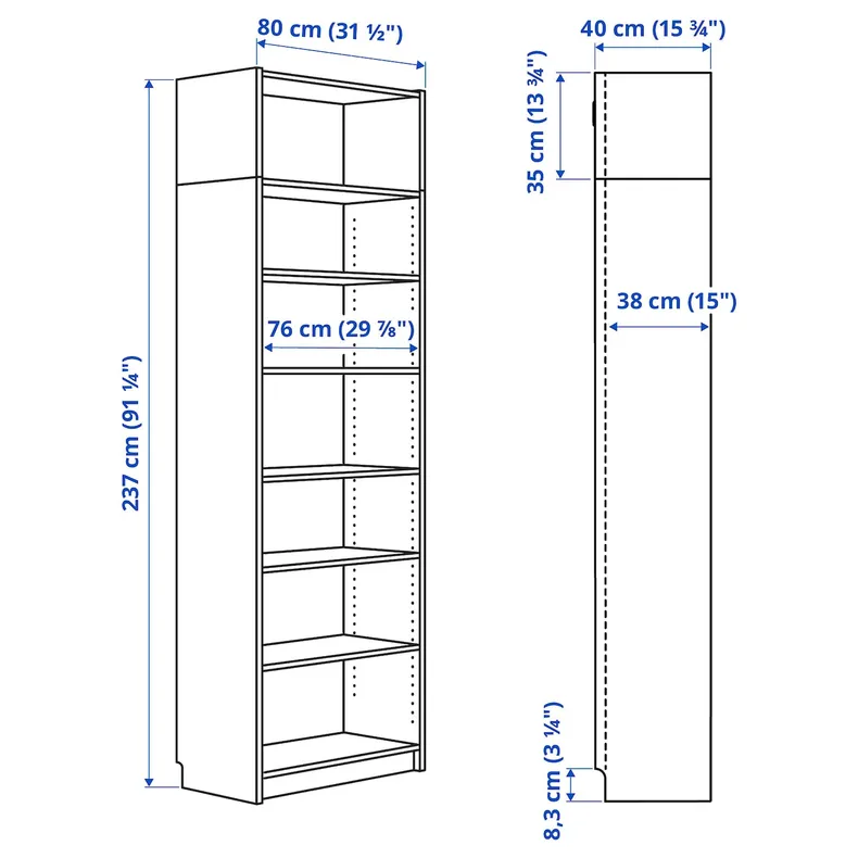 IKEA BILLY БИЛЛИ, стеллаж с верхней полкой, белый, 80x40x237 см 493.966.60 фото №3