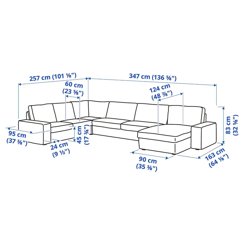 IKEA KIVIK КІВІК, кутовий диван, 5-місний з кушеткою, Талміра блакитна 894.847.11 фото №5