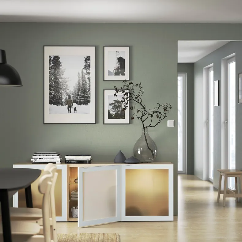 IKEA BESTÅ БЕСТО, комбинация для хранения с дверцами, дуб, окрашенный в белый цвет Glassvik / белый / светло-зеленый матовое стекло, 180x42x65 см 994.888.22 фото №5