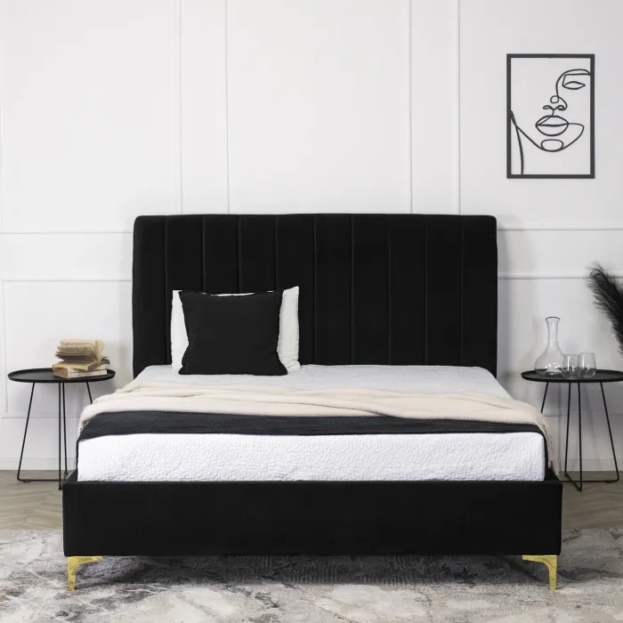 Кровать двуспальная бархатная MEBEL ELITE MARCELO Velvet, 160x200 см, черный фото №3