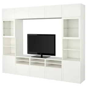 IKEA BESTÅ БЕСТО, шкаф для ТВ, комбин / стеклян дверцы, Белое / Ханвикенское белое прозрачное стекло, 300x42x231 см 494.112.41 фото
