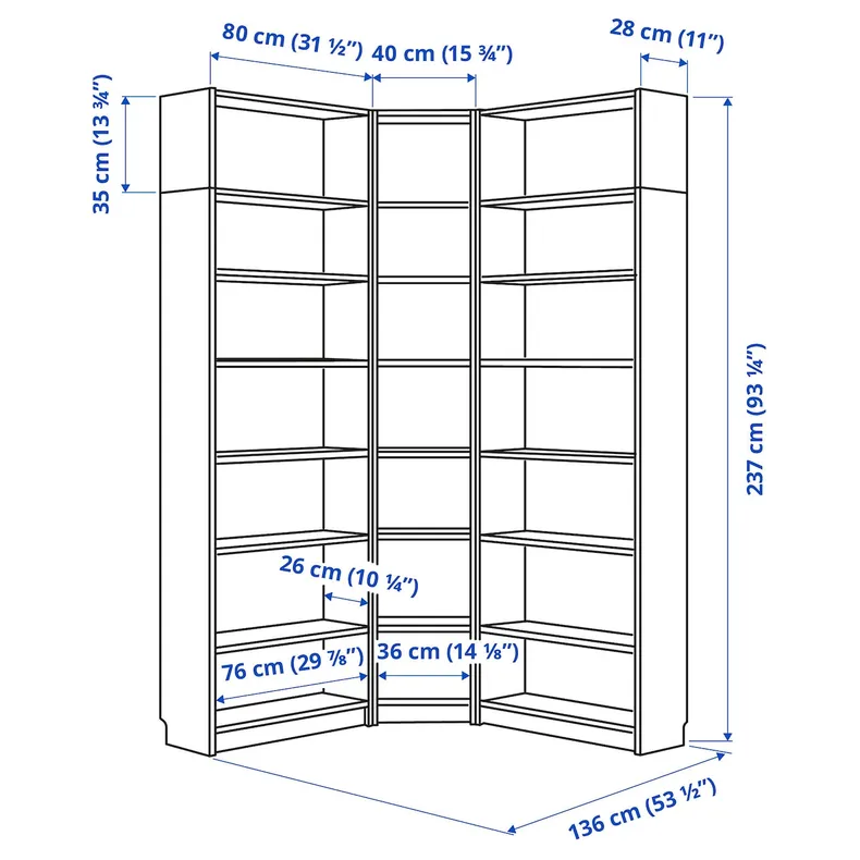 IKEA BILLY БИЛЛИ, угловой стеллаж с доп. модулями, коричневый орех, 136 / 136x28x237 см 194.835.50 фото №6