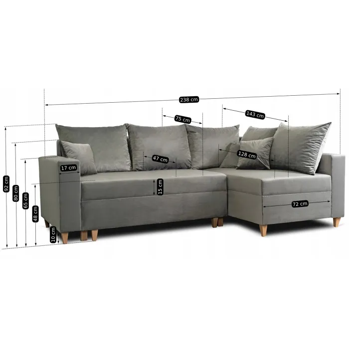Угловой диван бархатный MEBEL ELITE MARKUS Velvet, 238 см, серый (правый) фото №15