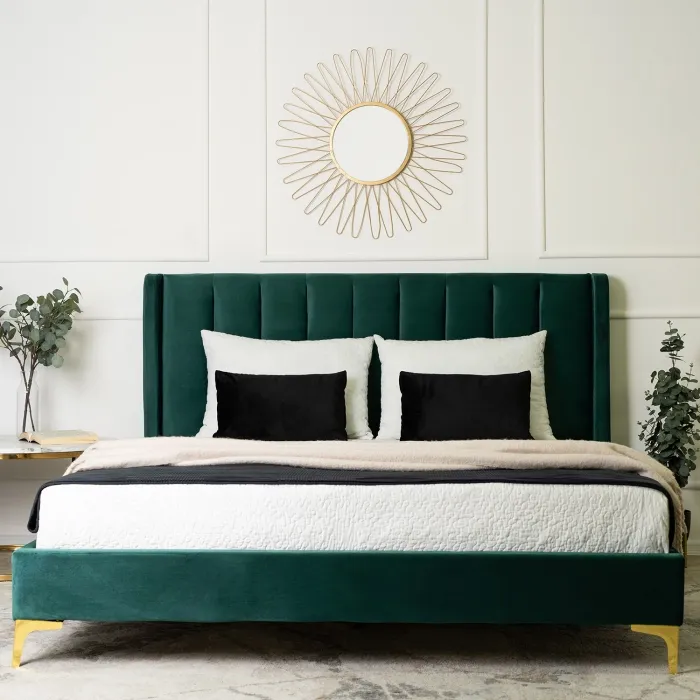 Кровать двуспальная бархатная MEBEL ELITE ARIA Velvet, 160x200 см, Зеленый фото №3