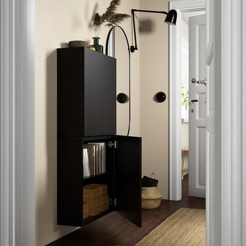 IKEA BESTÅ БЕСТО, навесной шкаф с 2 дверями, черный / коричневый / Лапвикен черный / коричневый, 60x22x128 см 394.219.62 фото №2