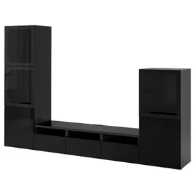 IKEA BESTÅ БЕСТО, комбінація шаф для тв/скляні дверц, чорно-коричневий / глянцевий сельвікен / чорне прозоре скло, 300x42x193 см 794.063.80 фото