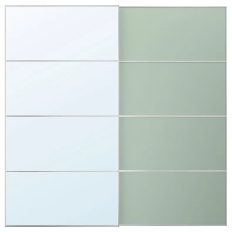 IKEA MEHAMN / AULI МЕХАМН / АУЛИ, пара раздвижных дверей, алюминий 2стр / светло-зеленое зеркало, 200x201 см 195.521.95 фото №1
