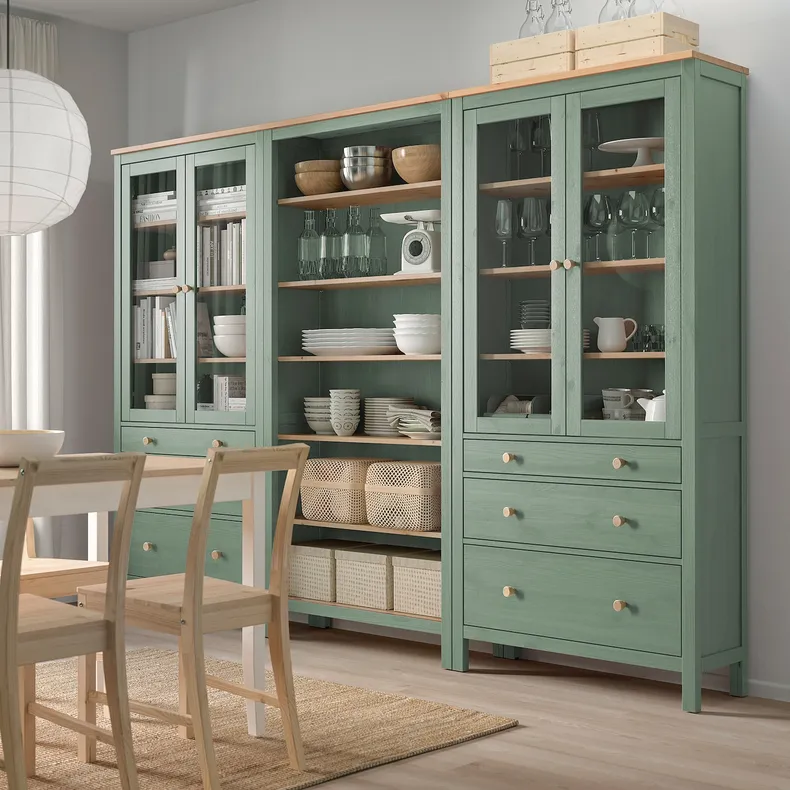 IKEA HEMNES, Комбинация стеллажей с дверями/стойками, серо-зеленое/светло-коричневое пятно, 270x197 см 395.910.68 фото №2