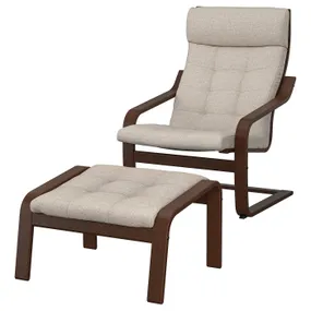 IKEA POÄNG ПОЭНГ, кресло с табуретом для ног, коричневый / бежевый 995.020.07 фото