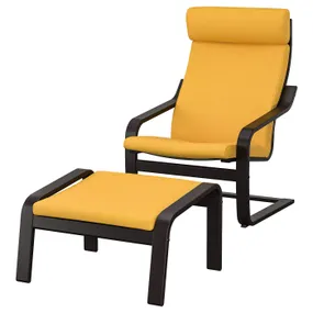 IKEA POÄNG ПОЭНГ, кресло с табуретом для ног, черный / коричневый / желтый Skiftebo 294.877.98 фото