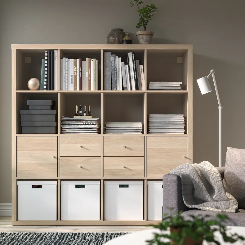 IKEA KALLAX КАЛЛАКС, стелаж із 4 вставками, імітація білого мореного дуба, 147x147 см 191.975.96 фото №3