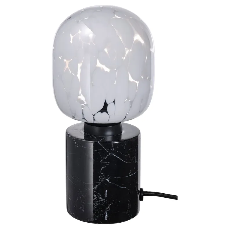 IKEA MARKFROST МАРКФРОСТ / MOLNART МОЛНАРТ, настольная лампа с лампочкой, черный мрамор / трубчатая форма белый / прозрачное стекло 694.945.65 фото №1