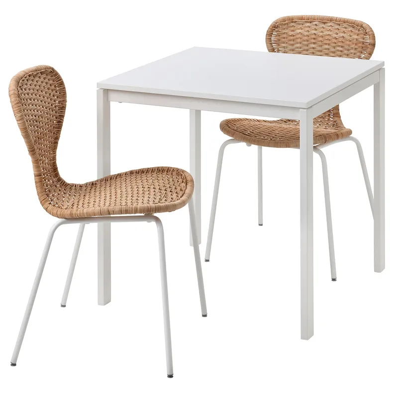 IKEA MELLTORP МЕЛЬТОРП / ÄLVSTA ЭЛЬВСТА, стол и 2 стула, белый белый / ротанг белый, 75x75 см 194.907.63 фото №1