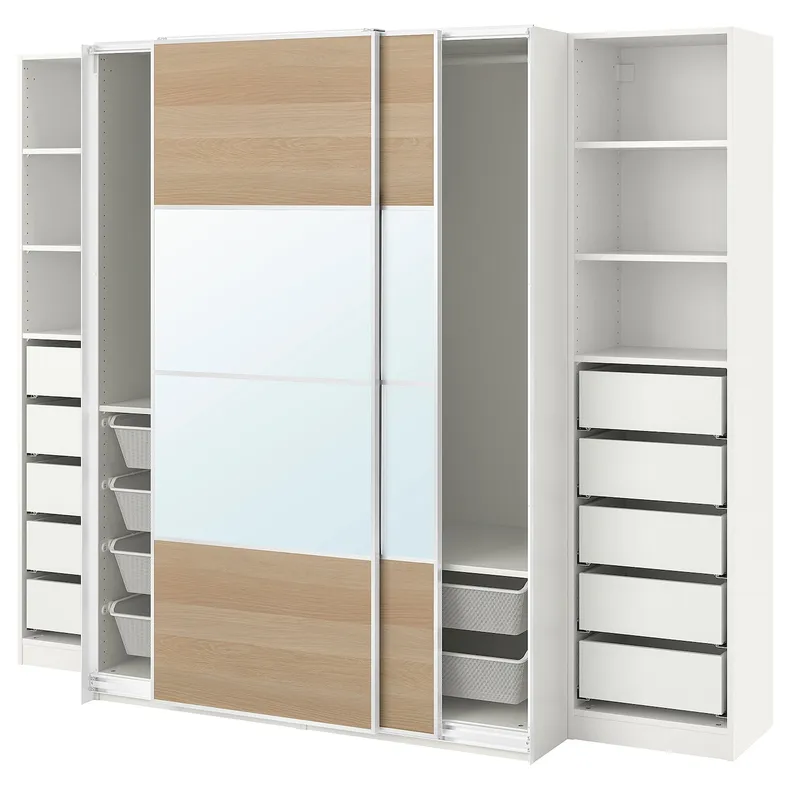 IKEA PAX ПАКС / MEHAMN / AULI МЕХАМН / АУЛИ, гардероб с раздвижными дверьми, белый 2стр / дуб беленый зеркало, 250x66x201 см 595.614.28 фото №1