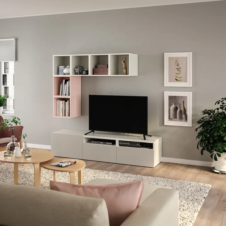 IKEA BESTÅ БЕСТО / EKET ЭКЕТ, комбинация для ТВ, светло-серый / бежевый / белый / бледно-розовый, 180x42x170 см 294.304.86 фото №2