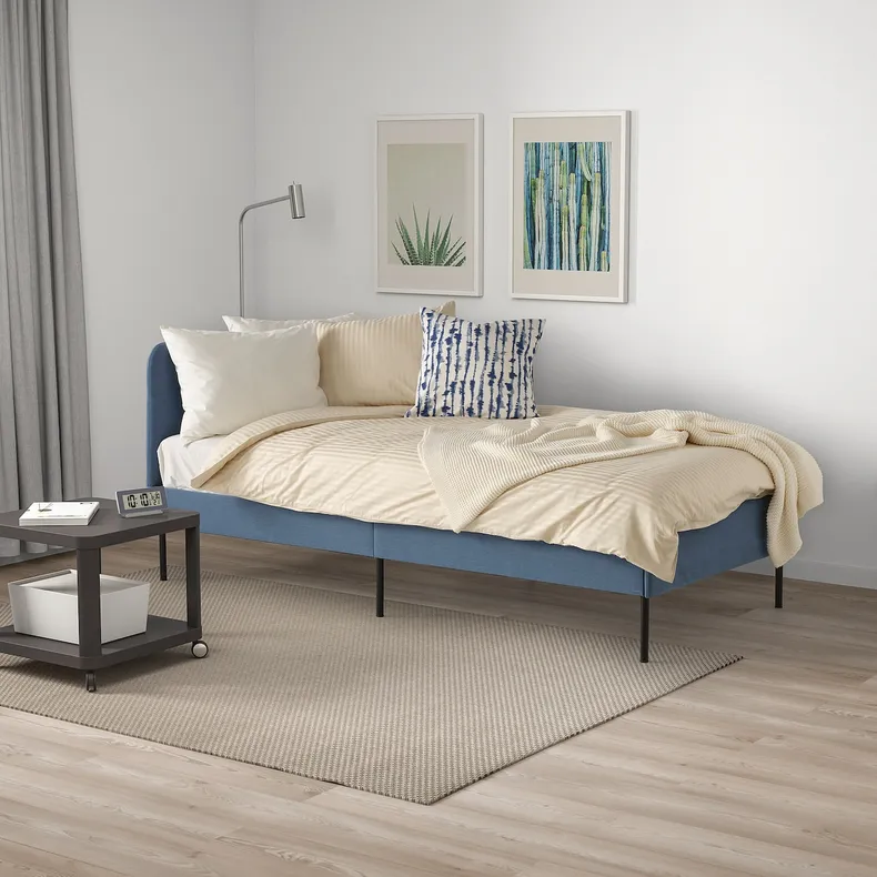 IKEA BLÅKULLEN БЛОКУЛЛЕН, карк ліжка з оббивкою+кут узголів'я, КНІСА класичний синій, 90x200 см 105.057.16 фото №6