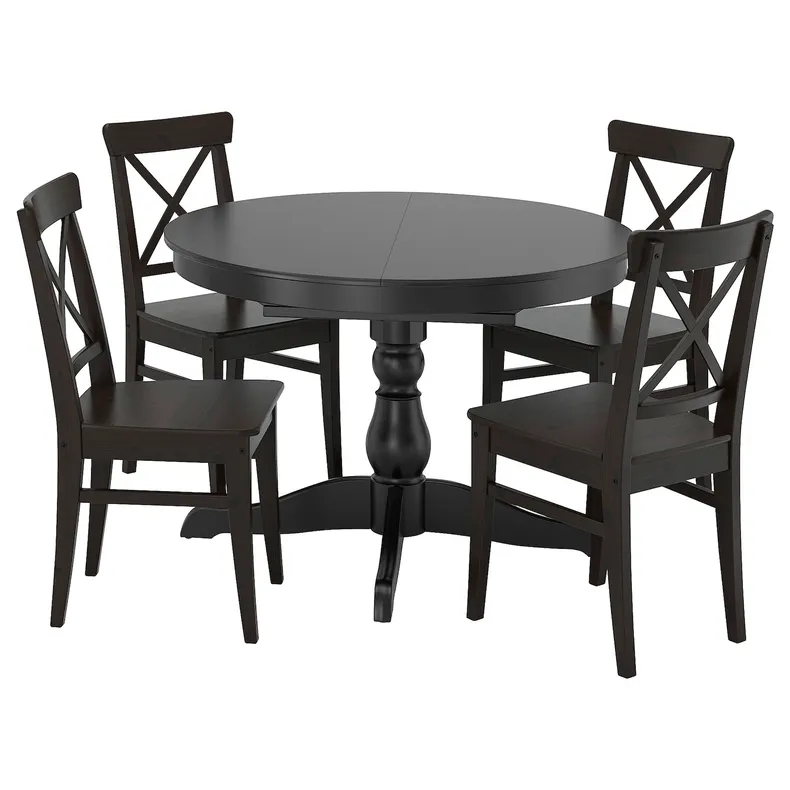 IKEA INGATORP ІНГАТОРП / INGOLF ІНГОЛЬФ, стіл+4 стільці, чорний / коричнево-чорний, 110 / 155 см 794.004.96 фото №1