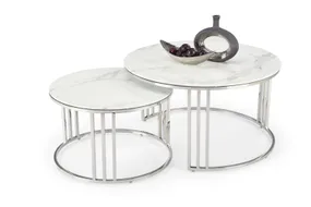 Комплект журнальных столов HALMAR MERCURY 80x80 2 см, каркас - серебро, стекло - белый мрамор фото