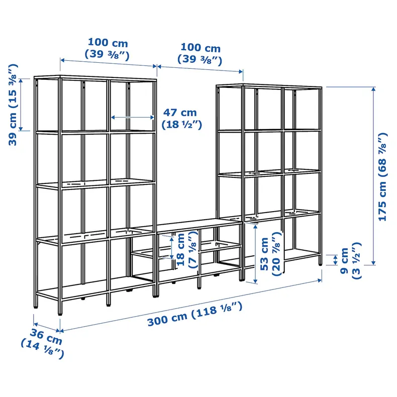 IKEA VITTSJÖ ВИТШЁ, шкаф для ТВ, комбинация, черно-коричневый / стекло, 300x36x175 см 692.945.66 фото №3