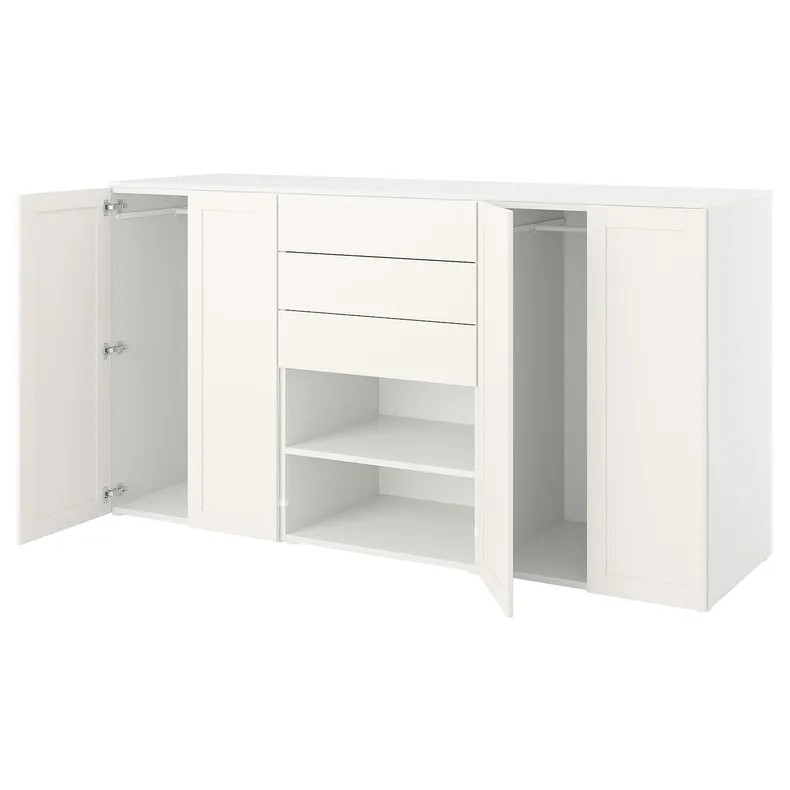 IKEA PLATSA ПЛАТСА, гардероб, 4 дверцят+3шухляди, білий FONNES ФОННЕС білий / SANNIDAL САННІДАЛ білий, 240x57x123 см 194.251.50 фото №1