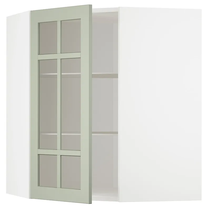 IKEA METOD МЕТОД, кутова настін шафа, полиці / скл двер, білий / Стенсунд світло-зелений, 68x80 см 594.871.03 фото №1