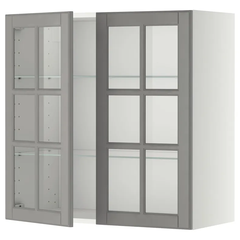 IKEA METOD МЕТОД, навесной шкаф / полки / 2стеклян двери, белый / бодбинский серый, 80x80 см 493.949.58 фото №1